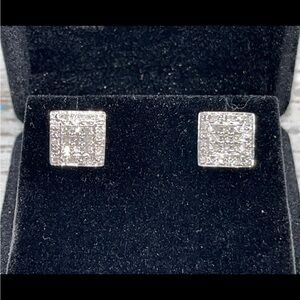Real Diamond Earrings, Round Cut Into Squares Studs 1 CTW. 925 St. Silver *NWOT*